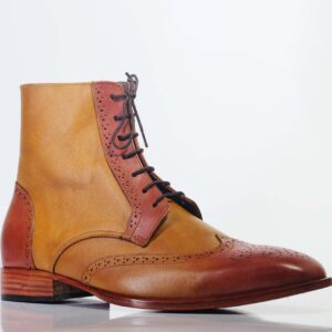 Bespoke Brown Tan Leather Ankle Wing Tip Lace Up Boots - leathersguru