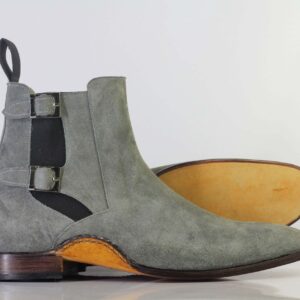 Bespoke Gray Suede High Ankle Buckle Up Stylish Boots - leathersguru