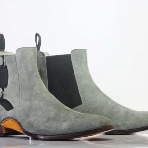 Bespoke Gray Suede High Ankle Buckle Up Stylish Boots - leathersguru