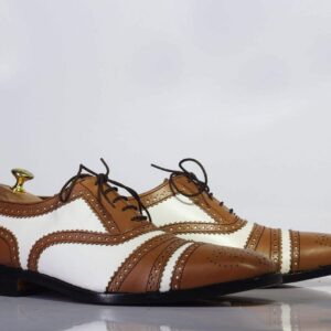 Men's Brown White Cap Toe Lace Up Leather Shoe - leathersguru