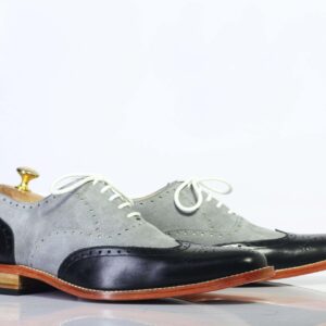 Men's Gray Black Wing tip Lace Up Leather Shoe - leathersguru