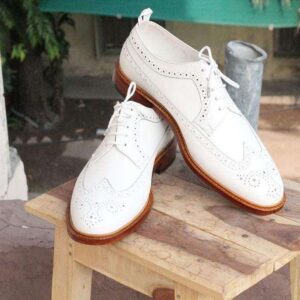 White Leather Wing Tip Brogue Shoes - leathersguru