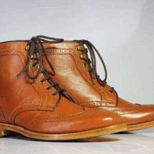 Men's Tan Ankle Wing Tip Brogue Leather Lace Up Boot - leathersguru