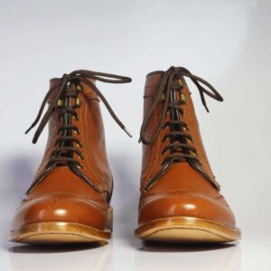 Men's Tan Ankle Wing Tip Brogue Leather Lace Up Boot - leathersguru