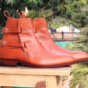 Handmade Buckle Tan leather Ankle boots For Men's - leathersguru