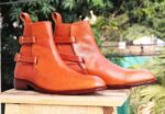 Handmade Buckle Tan leather Ankle boots For Men's - leathersguru