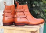 Handmade Buckle Tan leather Ankle boots For Men's - leathersguru