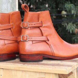 Handmade Buckle Tan leather Ankle boots For Men's - leathersguru