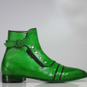 Handmade Green Leather Zip Buckle Up Boots For Men's - leathersguru