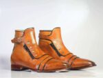 Men's Tan Ankle Cap Toe Buckle Leather Boot - leathersguru