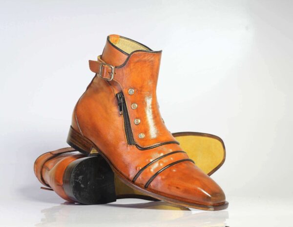 Men's Tan Ankle Cap Toe Buckle Leather Boot - leathersguru