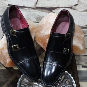 Handmade Black Leather Monk Men's Cap Toe Shoe - leathersguru