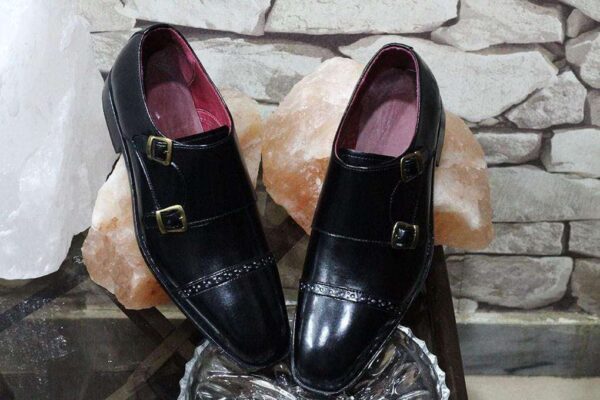 Handmade Black Leather Monk Men's Cap Toe Shoe - leathersguru