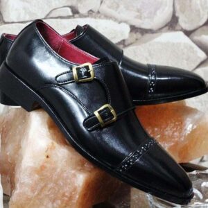 Handmade Black Leather Monk Men's Cap Toe Shoe - leathersguru