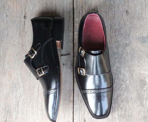 Handmade Black Leather Monk Men's Cap Toe Shoe - leathersguru