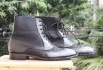 Bespoke Black Leather Suede Wing Tip Lace Up Boot - leathersguru