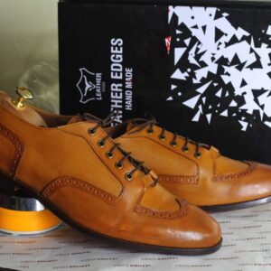 Bespoke Tan Leather Wing Tip Brogue Toe Lace Up Boot - leathersguru