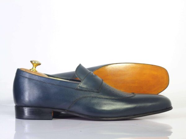 Handmade Navy Blue Penny Loafers Leather Shoes For Men's - leathersguru