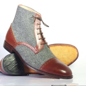 Bespoke Gray Brown Tweed Leather&Leather Ankle Cap Toe Lace Up Boots - leathersguru