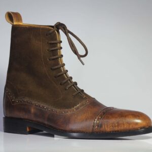 Bespoke Brown Leather Suede Cap Toe Ankle Lace Up Boots - leathersguru