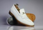 Bespoke White Leather Fringe Loafer For Men's - leathersguru