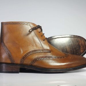 Bespoke Tan Chukka Leather Wing Tip Lace Up Boots - leathersguru