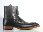 Bespoke Black Leather High Ankle Monk Strap Boots - leathersguru