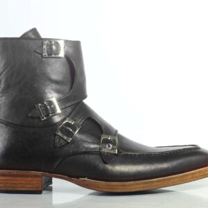 Bespoke Black Leather High Ankle Monk Strap Boots - leathersguru