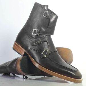 Bespoke Black Leather High Ankle Monk Strap Boots - leathersguru