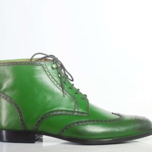 Bespoke Green Leather Wing Tip Ankle Lace Up Boots - leathersguru