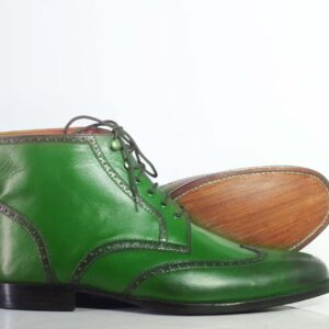 Bespoke Green Leather Wing Tip Ankle Lace Up Boots - leathersguru