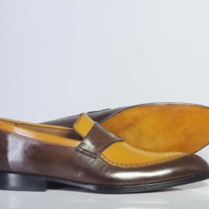 Bespoke Yellow Chocolate Brown Loafer Leather  Shoes for Men's - leathersguru