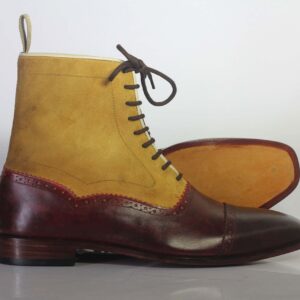 Bespoke Yellow & Burgundy Leather Ankle Cap Toe Lace Up Boot - leathersguru