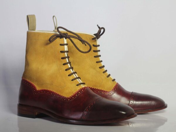 Bespoke Yellow & Burgundy Leather Ankle Cap Toe Lace Up Boot - leathersguru