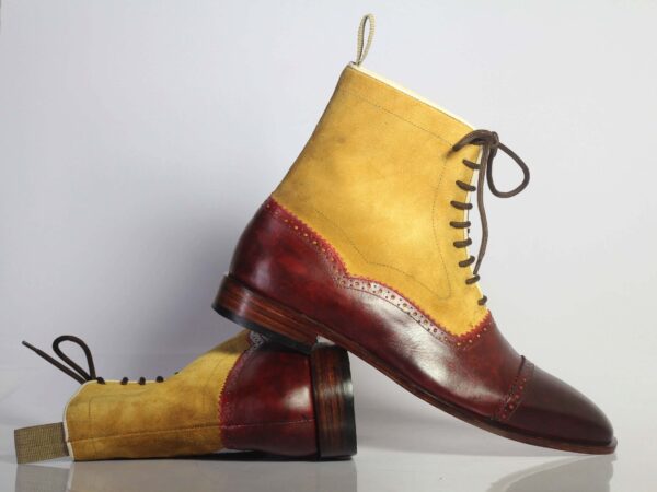 Bespoke Yellow & Burgundy Leather Ankle Cap Toe Lace Up Boot - leathersguru