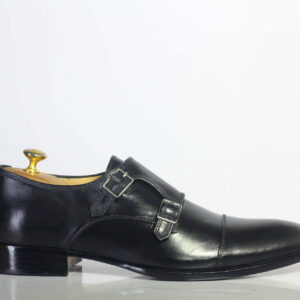 Bespoke Black Leather Monk Strap Shoe for Men's - leathersguru