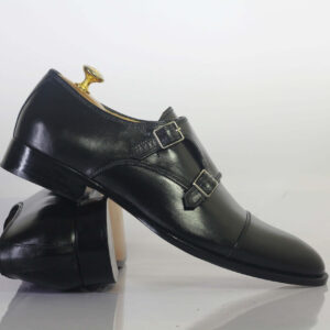 Bespoke Black Leather Monk Strap Shoe for Men's - leathersguru