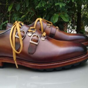 Handmade Brown Leather Monk Strap Lace Up Shoe - leathersguru