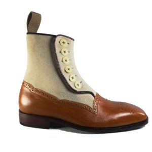 Leather Suede Beige Brown Brogue Button Boot - leathersguru