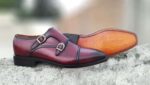 Handmade Burgundy Double Monk Cap Toe Shoe - leathersguru