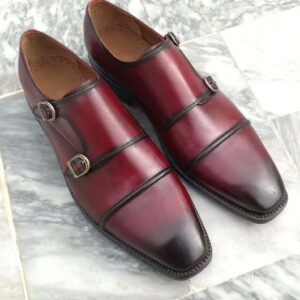 Handmade Burgundy Double Monk Cap Toe Shoe - leathersguru
