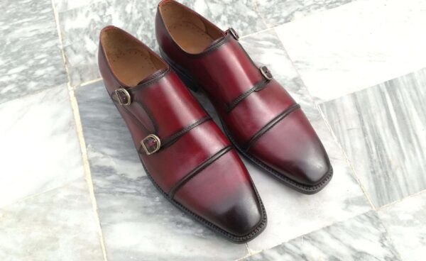 Handmade Burgundy Double Monk Cap Toe Shoe - leathersguru