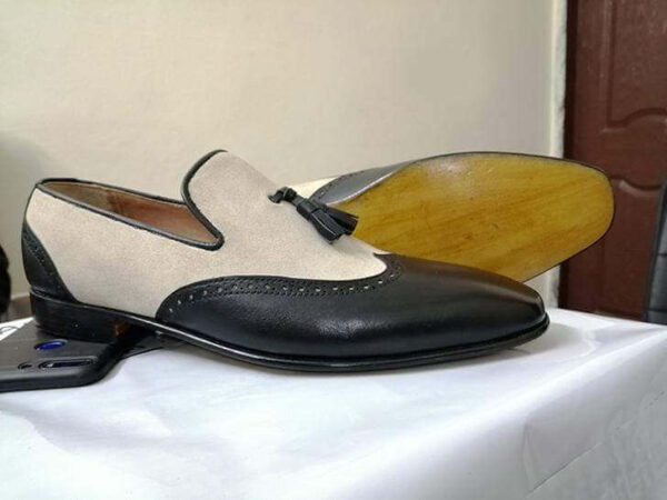 Handmade Beige Black Loafers Leather Suede Tussles Shoes - leathersguru