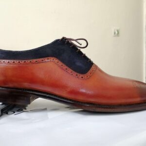 Men's Leather Suede Navy Blue Brown Brogue Toe Shoes - leathersguru