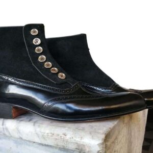 Handmade Black Leather suede Wing Tip Button Top Boots - leathersguru