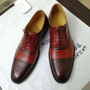 Handmade Burgundy Brown Leather Cap Toe Brogue Shoe - leathersguru