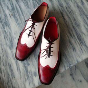 Bespoke Burgundy White Leather Wing Tip Shoe for Men - leathersguru