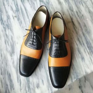 Handmade Tan Black Leather Lace Up Cap Toe Shoes - leathersguru