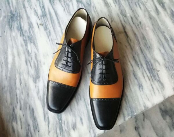 Handmade Tan Black Leather Lace Up Cap Toe Shoes - leathersguru