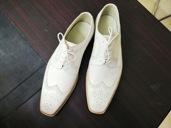 Handmade White Leather Wing Tip Brogue Shoes - leathersguru